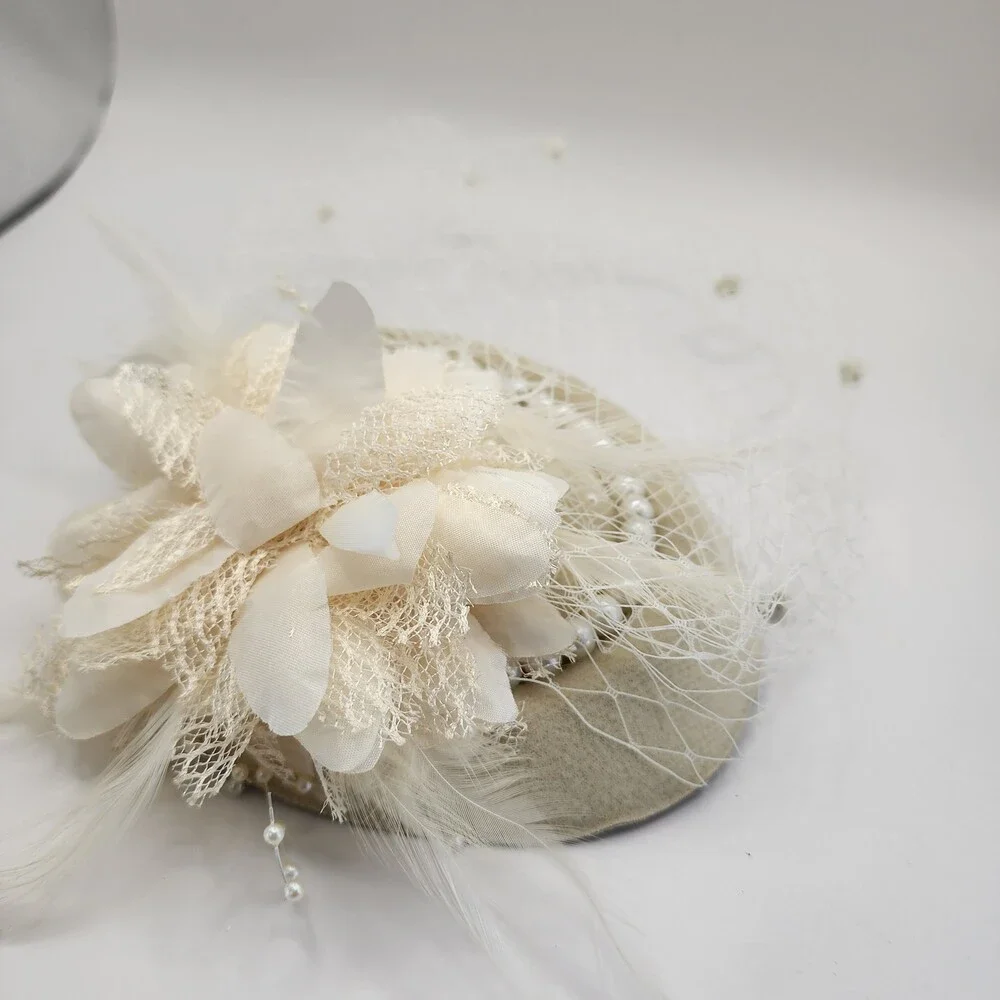 Cream Tea Party Fascinator Veil Lace Gloves Faux Pearl Necklace Set New